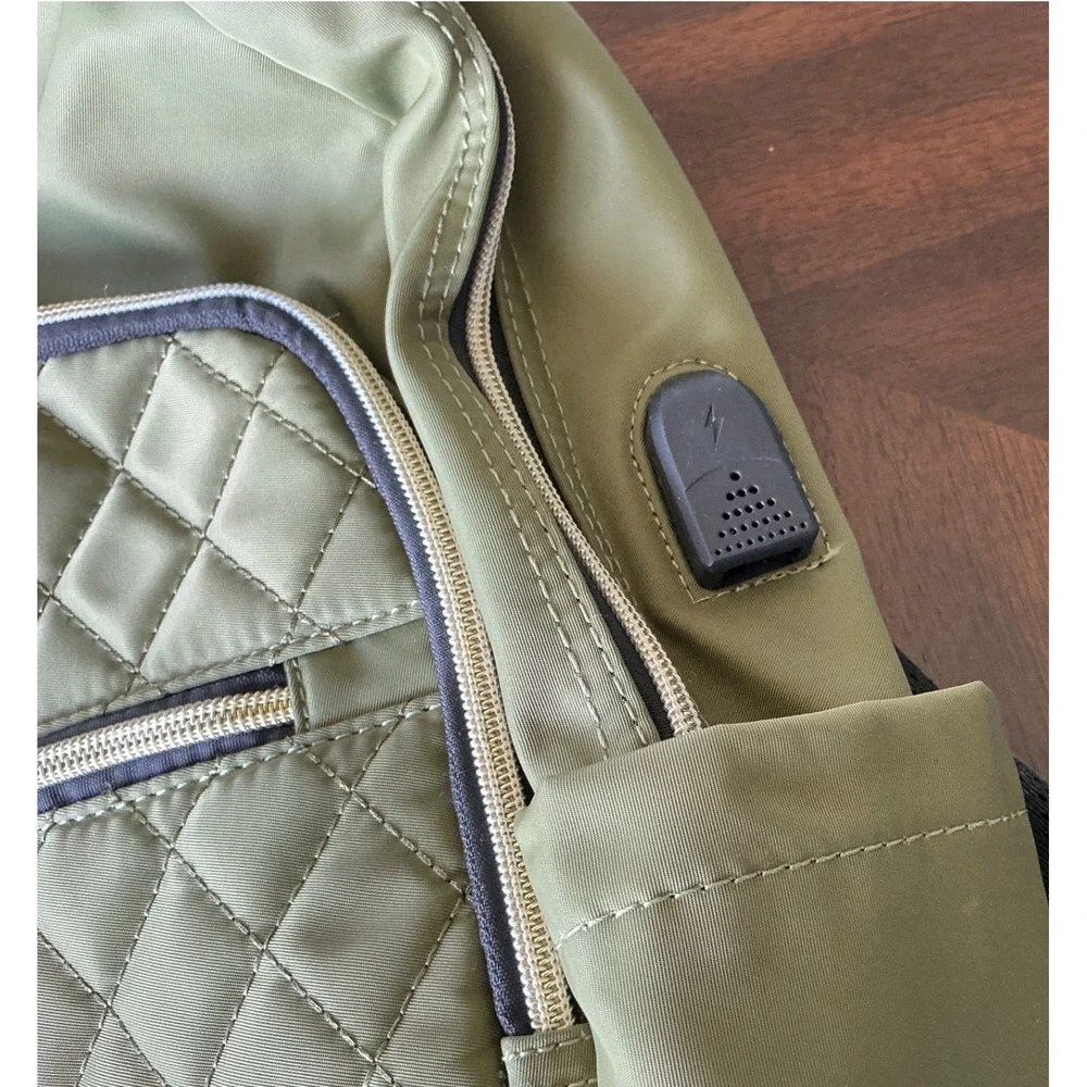 Modoker Laptop Backpack Quilted Olive Green USB Charging Port Large Professional